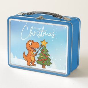 Cute dinosaur with Christmas tree Metal Lunch Box