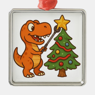 Cute dinosaur with Christmas tree Metal Ornament