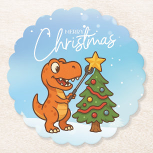 Cute dinosaur with Christmas tree Paper Coaster