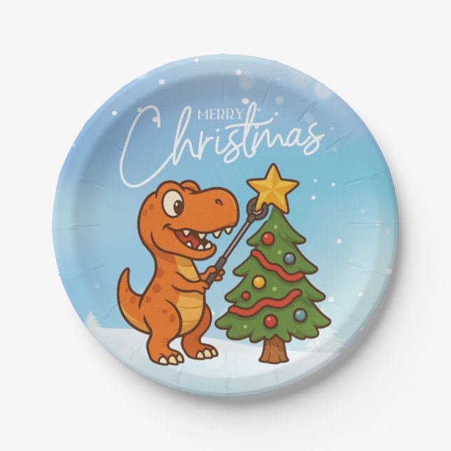Cute dinosaur with Christmas tree Paper Plate (Front)