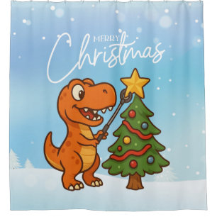Cute dinosaur with Christmas tree Shower Curtain