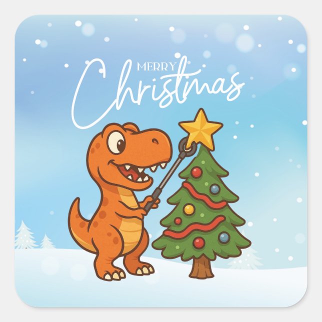 Cute dinosaur with Christmas tree Square Sticker (Front)