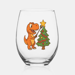 Cute dinosaur with Christmas tree Stemless Wine Glass