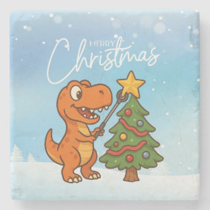 Cute dinosaur with Christmas tree Stone Coaster
