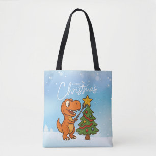 Cute dinosaur with Christmas tree Tote Bag