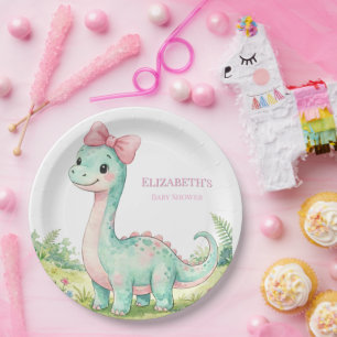 Cute Dinosaur With Pink Bow Baby Shower Paper Plate