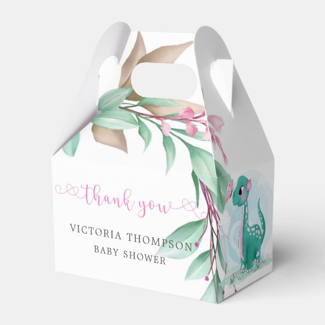 Cute Dinosaur With Pink Peony Baby Shower Favour Box (Front Side)