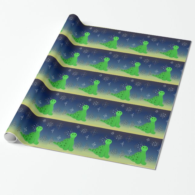 Cute Dinosaur with Snowflakes Wrapping Paper (Unrolled)