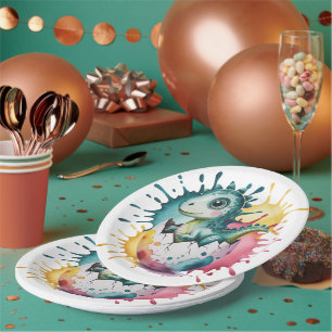 Cute Dinosaur with Watercolor Splash Baby Shower Paper Plate