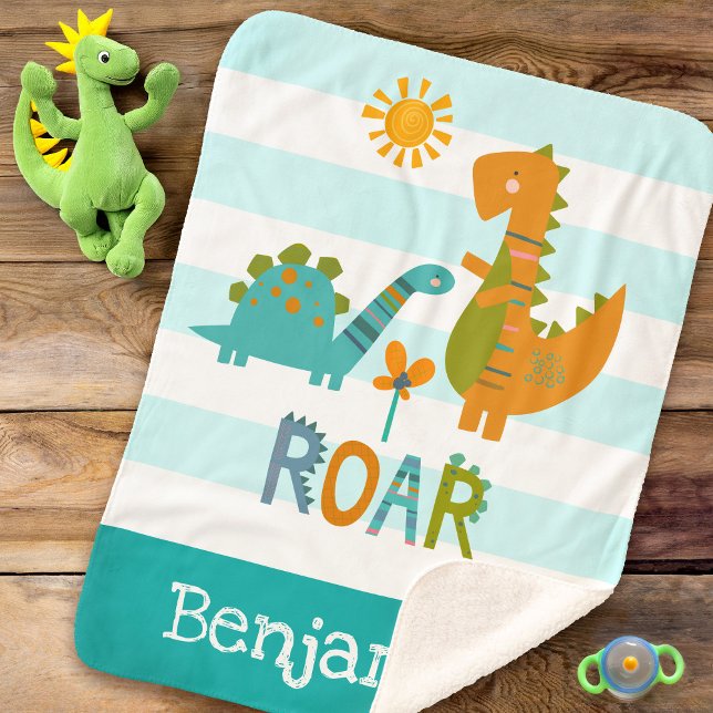 Cute Dinosaurs Baby Boy Bold Turquoise Stripe Name Sherpa Blanket (Creator Uploaded)