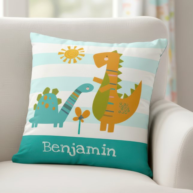 Cute Dinosaurs Baby Boy Turquoise Stripes Kawaii Cushion (Creator Uploaded)