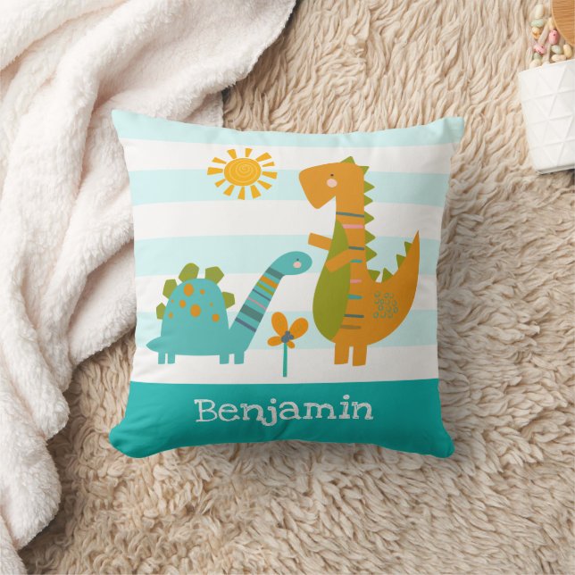 Cute Dinosaurs Baby Boy Turquoise Stripes Kawaii Cushion (Blanket)