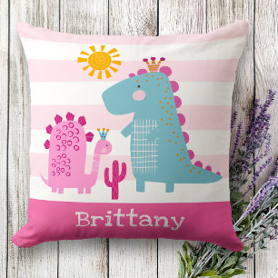 Cute Dinosaurs Baby Girl Pink Stripes Bold Kawaii Cushion