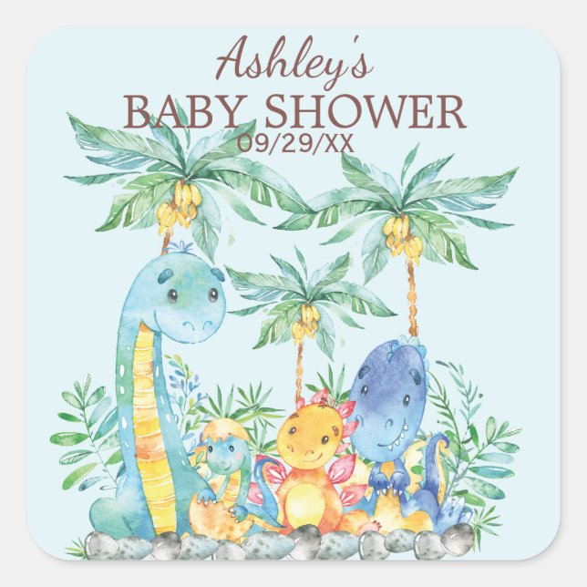 Cute Dinosaurs Baby Shower Favour Sticker (Front)