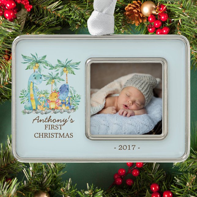 Cute Dinosaurs Baby's 1st Christmas Photo Ornament (Creator Uploaded)