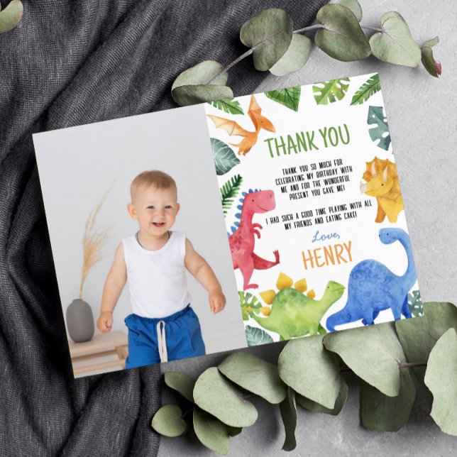 Cute Dinosaurs Birthday Photo Thank You Card (Creator Uploaded)