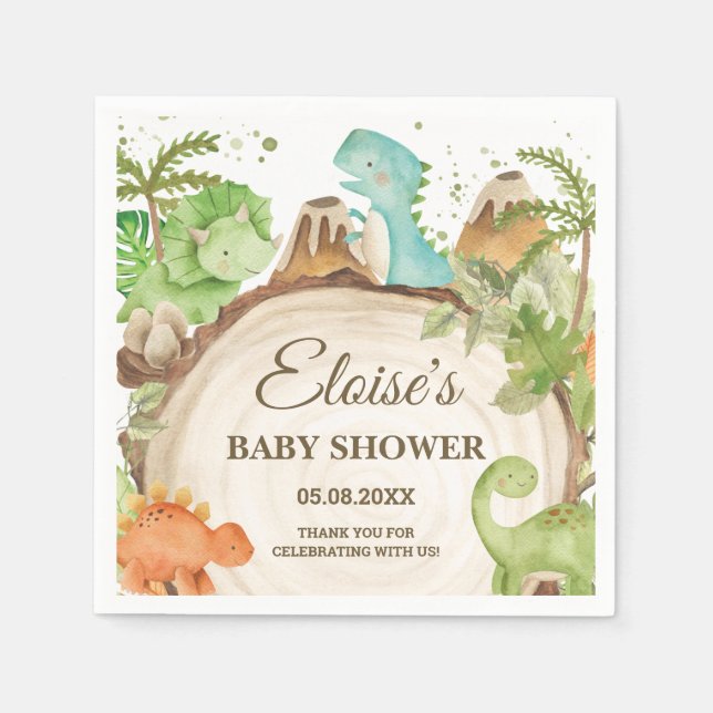 Cute Dinosaurs Boy Birthday Greenery Leaf T-Rex  Napkin (Front)