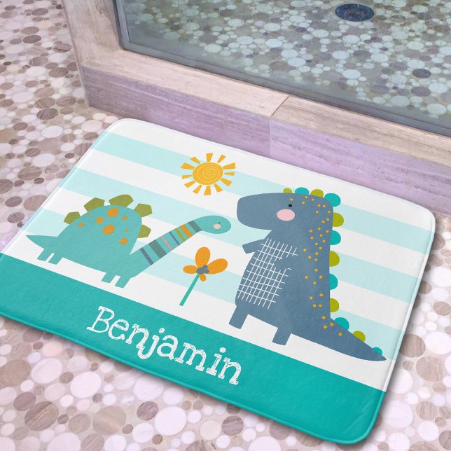 Cute Dinosaurs Boy Blue Stripes Name Fun Kawaii Bath Mat (Creator Uploaded)