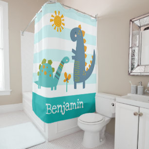 Cute Dinosaurs Boy Blue Stripes Name Fun Kawaii Shower Curtain
