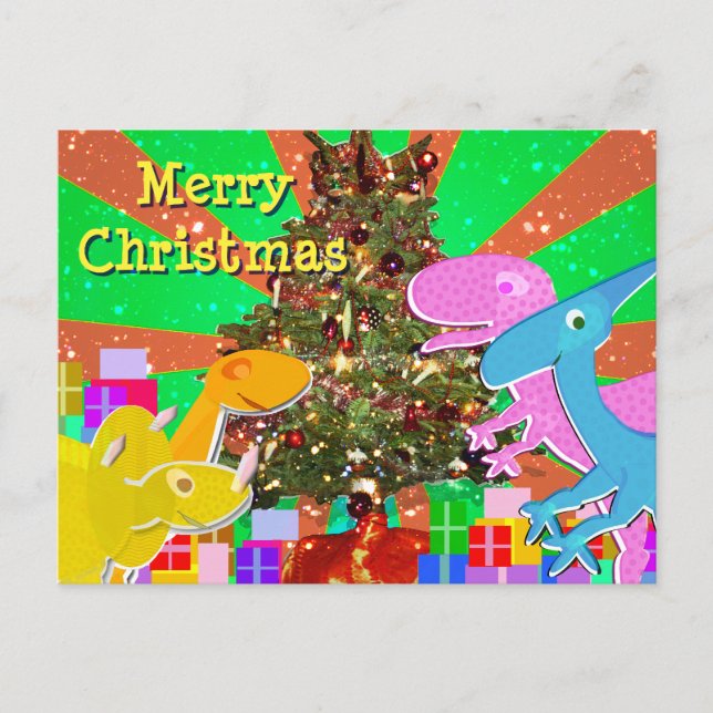 Cute Dinosaurs by the Christmas Tree Postcard (Front)