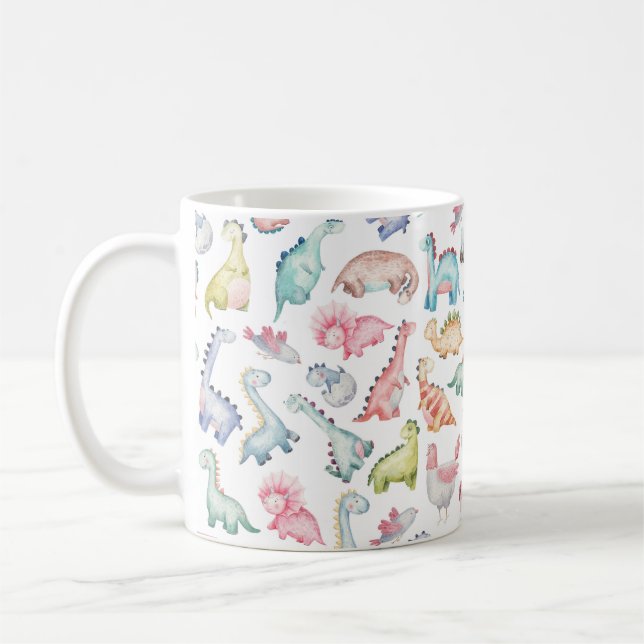 Cute dinosaurs, children's watercolor pattern. coffee mug (Left)