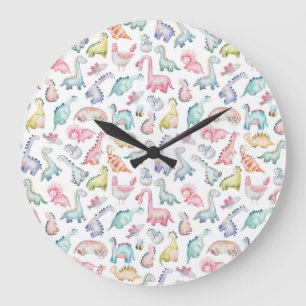 Cute dinosaurs, children's watercolor pattern. large clock