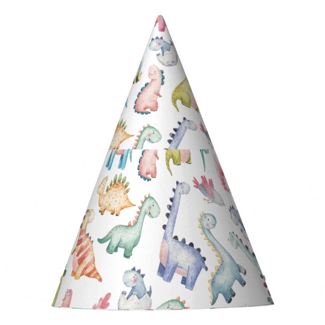 Cute dinosaurs, children's watercolor pattern. party hat (Front)