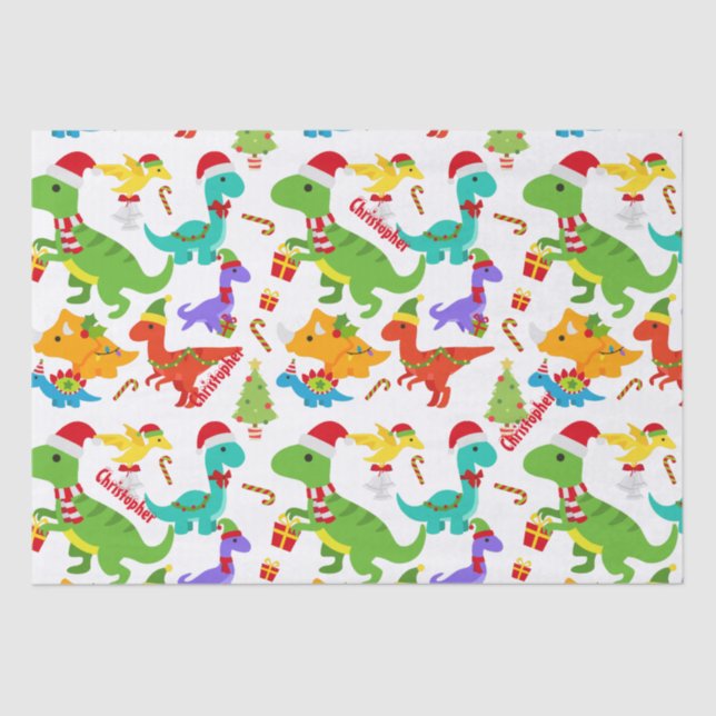 Cute Dinosaurs Christmas Personalised Tissue Paper (Front)