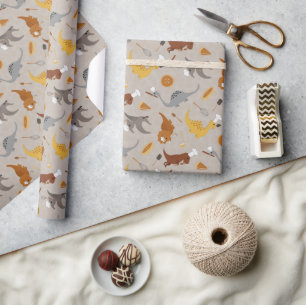 Cute Dinosaurs Cooking in Beige and Brown Wrapping Paper