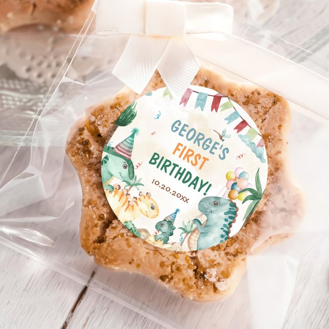 Cute Dinosaurs First Birthday Party Classic Round Sticker (Creator Uploaded)