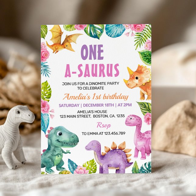 Cute Dinosaurs Girl 1st Birthday Invitation (Creator Uploaded)