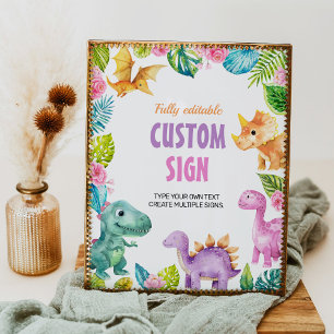 Cute Dinosaurs Girl Birthday Party Custom Sign