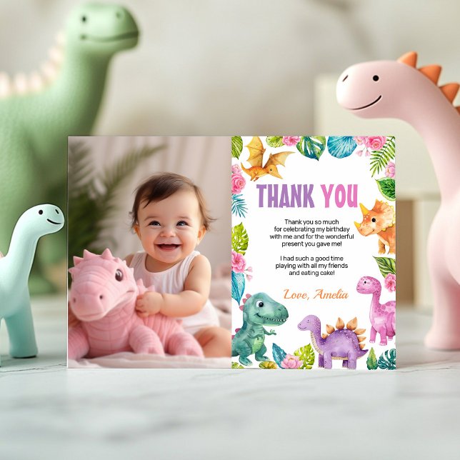 Cute Dinosaurs Girl Birthday Photo Thank You Card (Creator Uploaded)