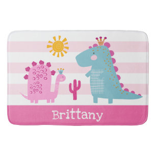 Cute Dinosaurs Girl Pink Stripes Name Fun Kawaii Bath Mat