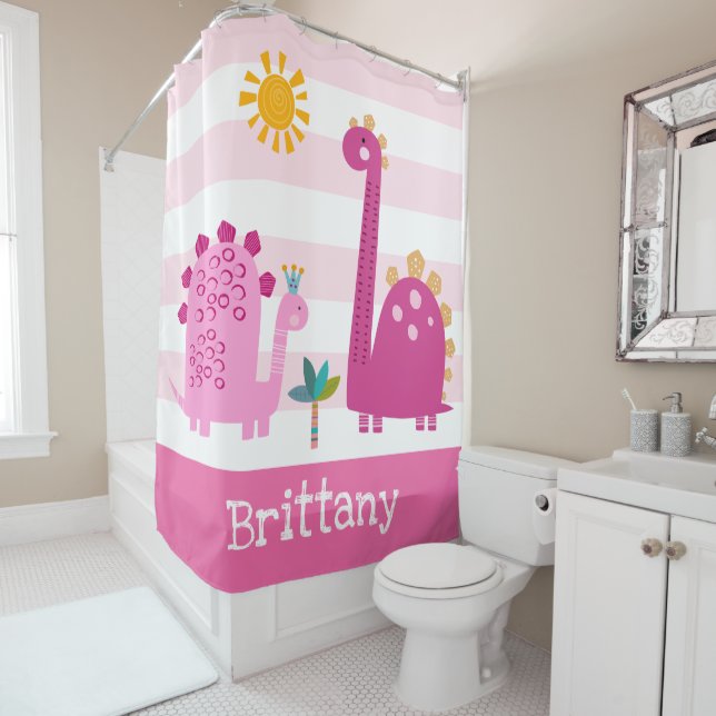 Cute Dinosaurs Girl Pink Stripes Name Fun Kawaii Shower Curtain (In Situ)
