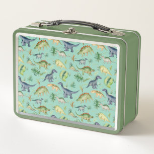 Cute Dinosaurs Green Watercolor Kids Pattern Metal Lunch Box
