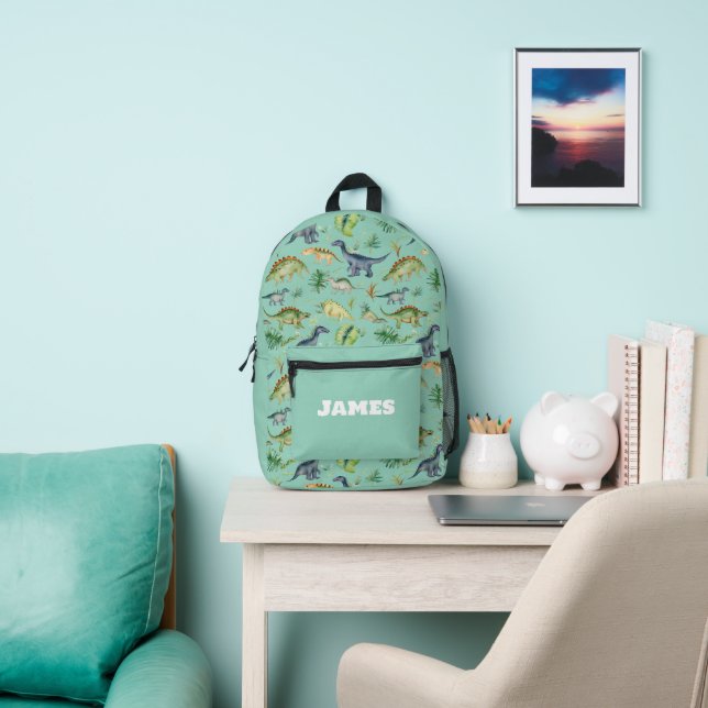 Cute Dinosaurs Green Watercolor Kids Pattern  Printed Backpack (Insitu)