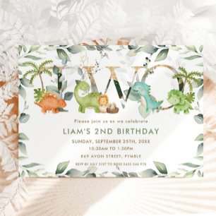 Cute Dinosaurs Greenery 2nd Birthday Two Invitation
