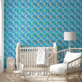 Cute Dinosaurs & Greenery Blue Nursery Wallpaper