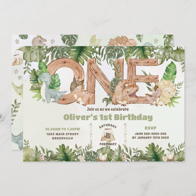 Cute Dinosaurs Greenery ONE 1st First Birthday Invitation (Front/Back)