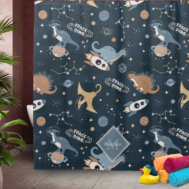 Cute Dinosaurs in Space Pattern Kids Bathroom Shower Curtain (Creator Uploaded)