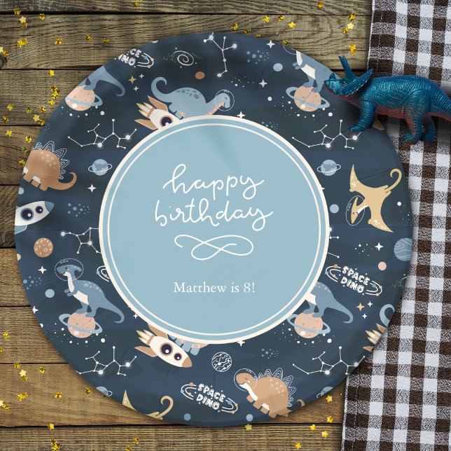 Cute Dinosaurs in Space Pattern Kids Birthday Paper Plate (Creator Uploaded)