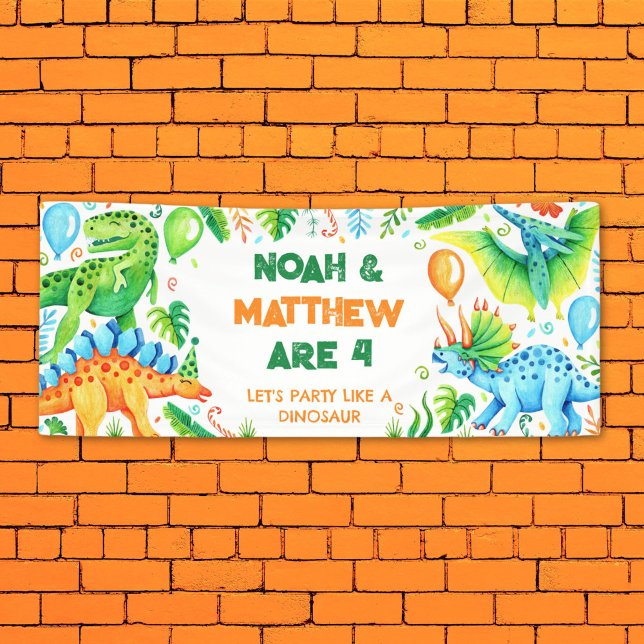 Cute Dinosaurs Joint Siblings Birthday Banner (Cute Dinosaurs Joint Siblings Birthday Banner)