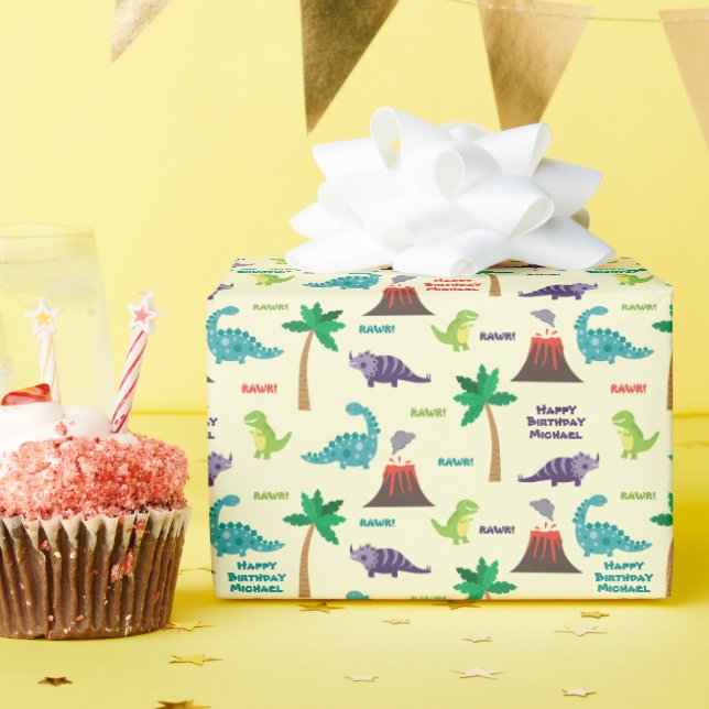 Cute Dinosaurs Kid's Custom Name Birthday Wrapping Paper (Birthday Party)