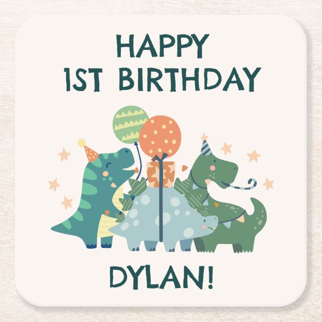 Cute Dinosaurs Kid's Happy Birthday Square Paper Coaster (Front)
