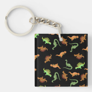 Cute Dinosaurs on Black Background Key Ring