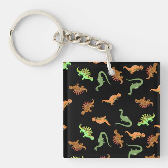 Cute Dinosaurs on Black Background Key Ring (Front)
