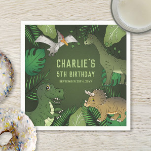 Cute Dinosaurs On Green With Leaves Birthday Party Napkin