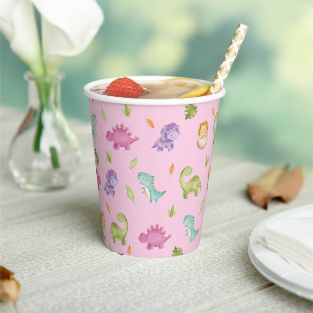 Cute Dinosaurs Party T-Rex Brontosaurus Pink  Paper Cups (Insitu)