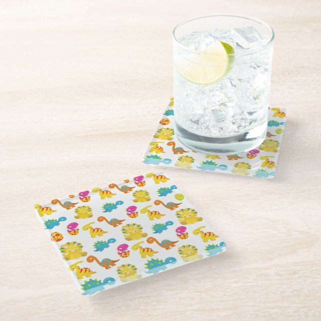 Cute Dinosaurs, Pattern Of Dinosaurs, Baby Dino Glass Coaster (Angled)